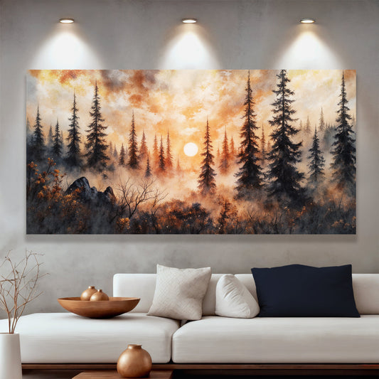 Forest sunset wall art with pine trees, rocky silhouettes, and a glowing moon in orange sky.