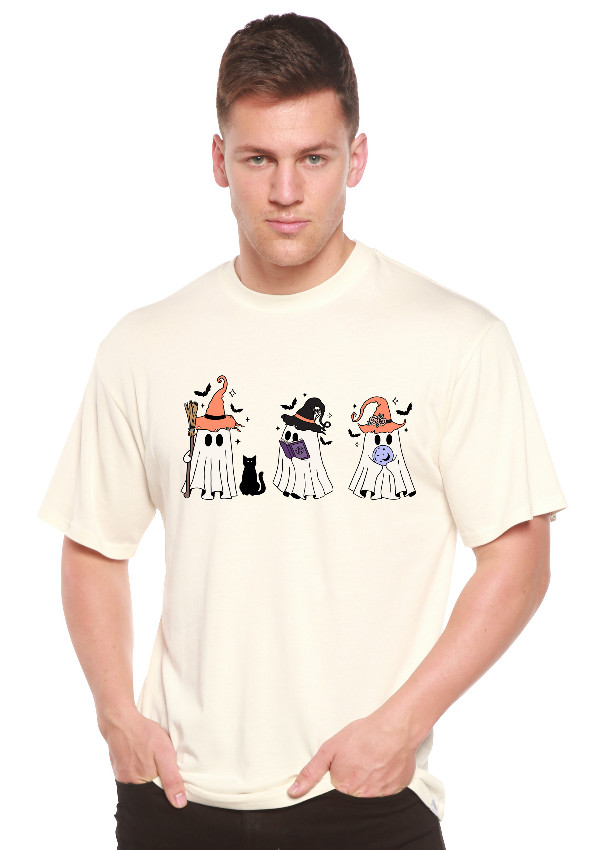 Men's short-sleeve T-shirt in cream with cartoon Halloween costume graphic across chest