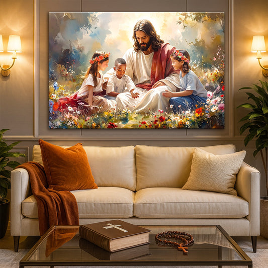 Framed wall art of Jesus seated with children in a colorful flower meadow