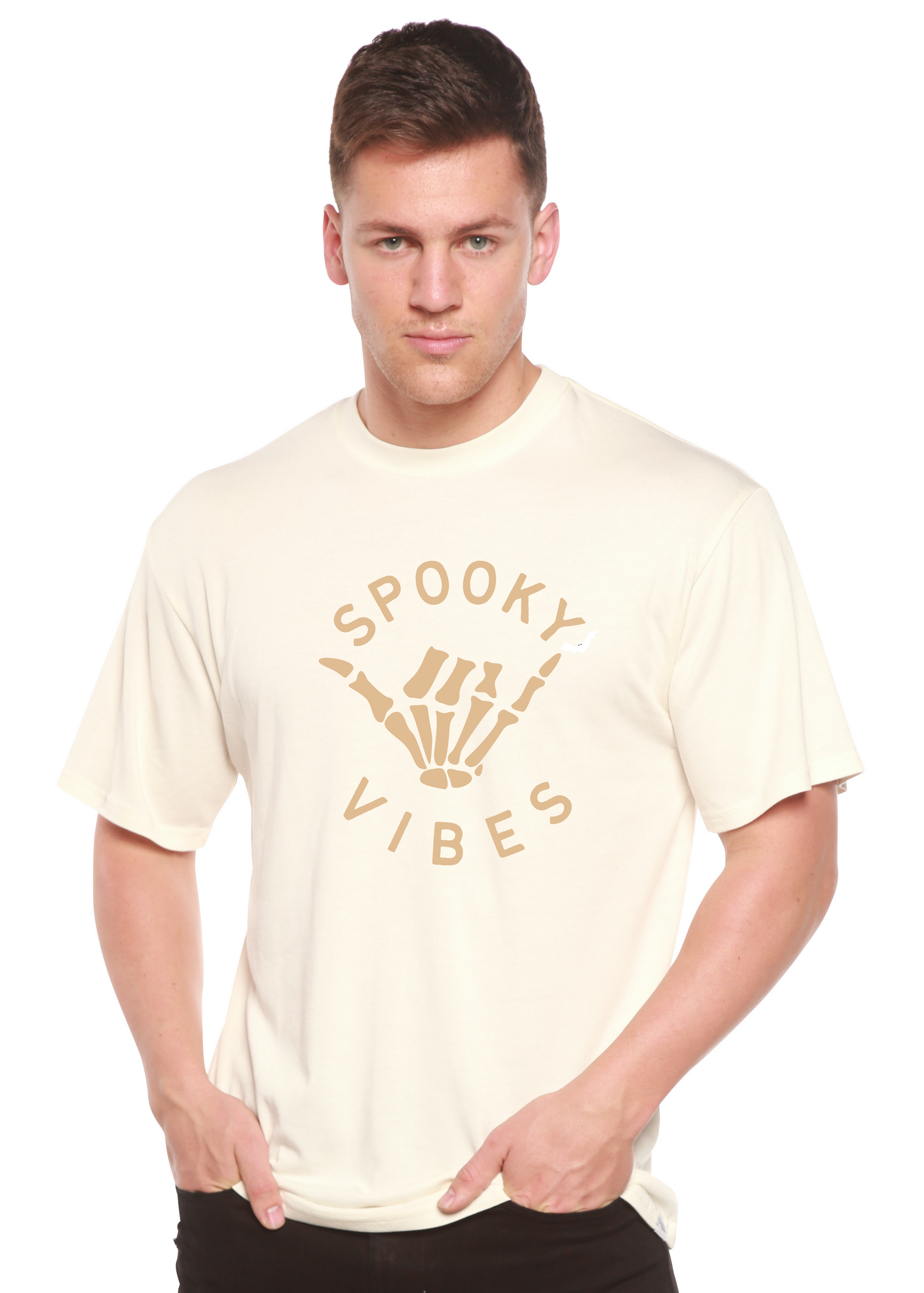 Men's graphic T-shirt in off-white with “SPOOKY VIBES” skeleton-hand design