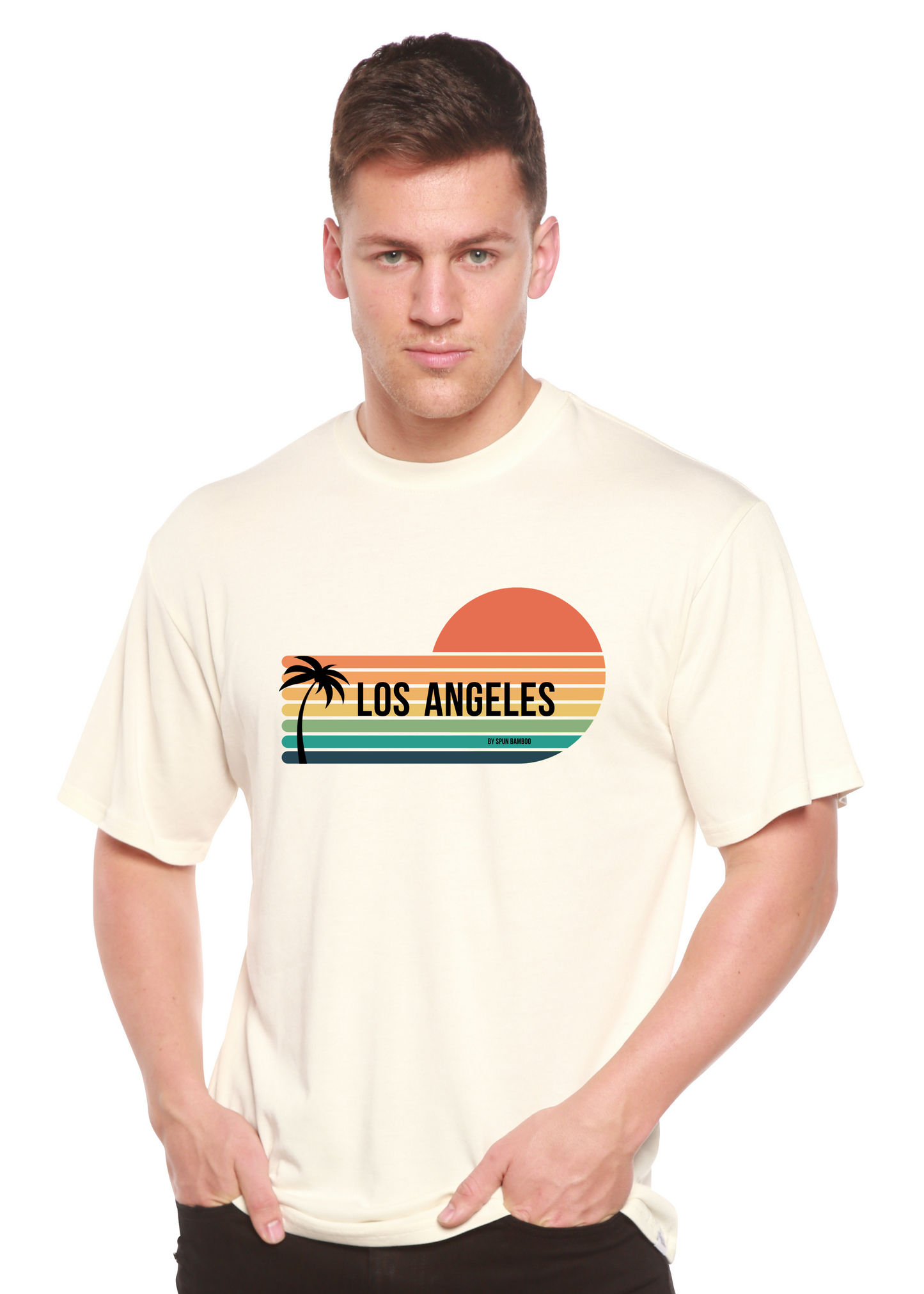 Unisex short-sleeve graphic T-shirt in off-white with Los Angeles sunset palm print