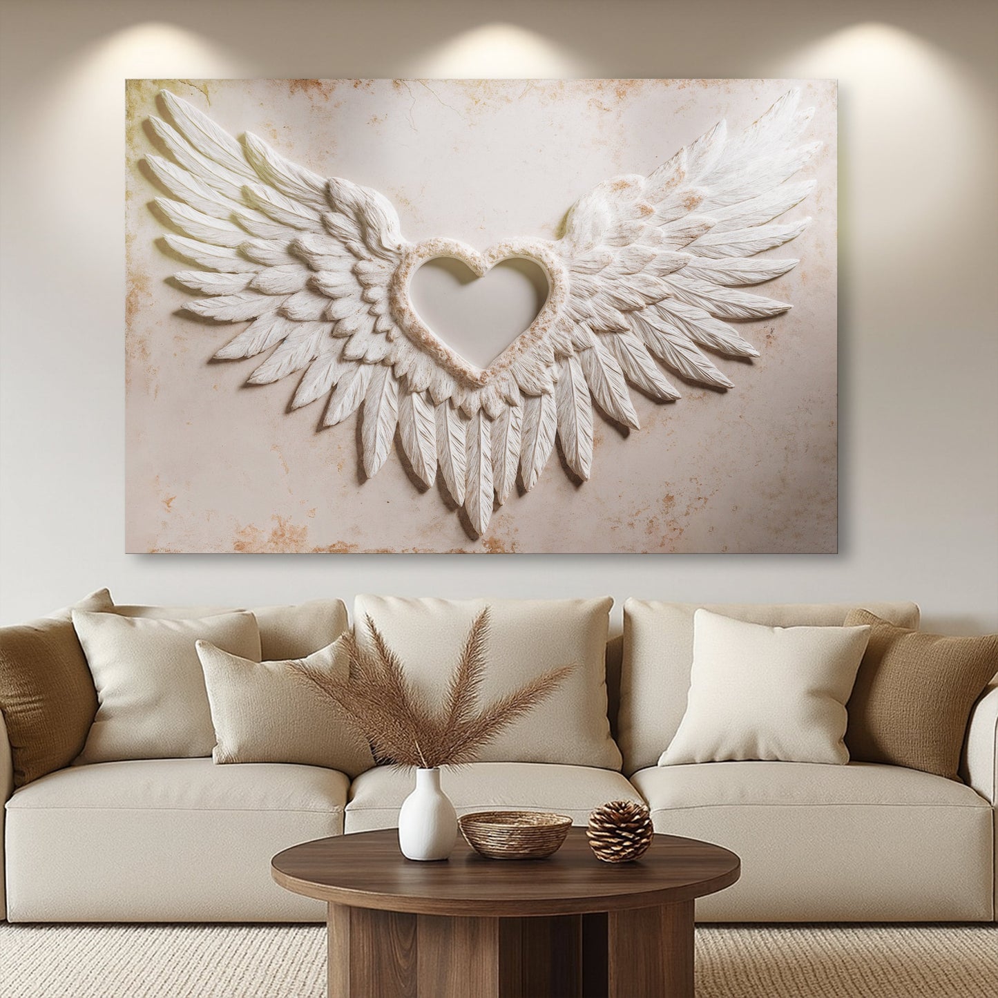 Abstract wall art canvas with white angel wings and heart centerpiece