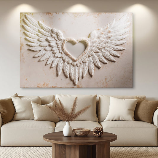Abstract wall art canvas with white angel wings and heart centerpiece