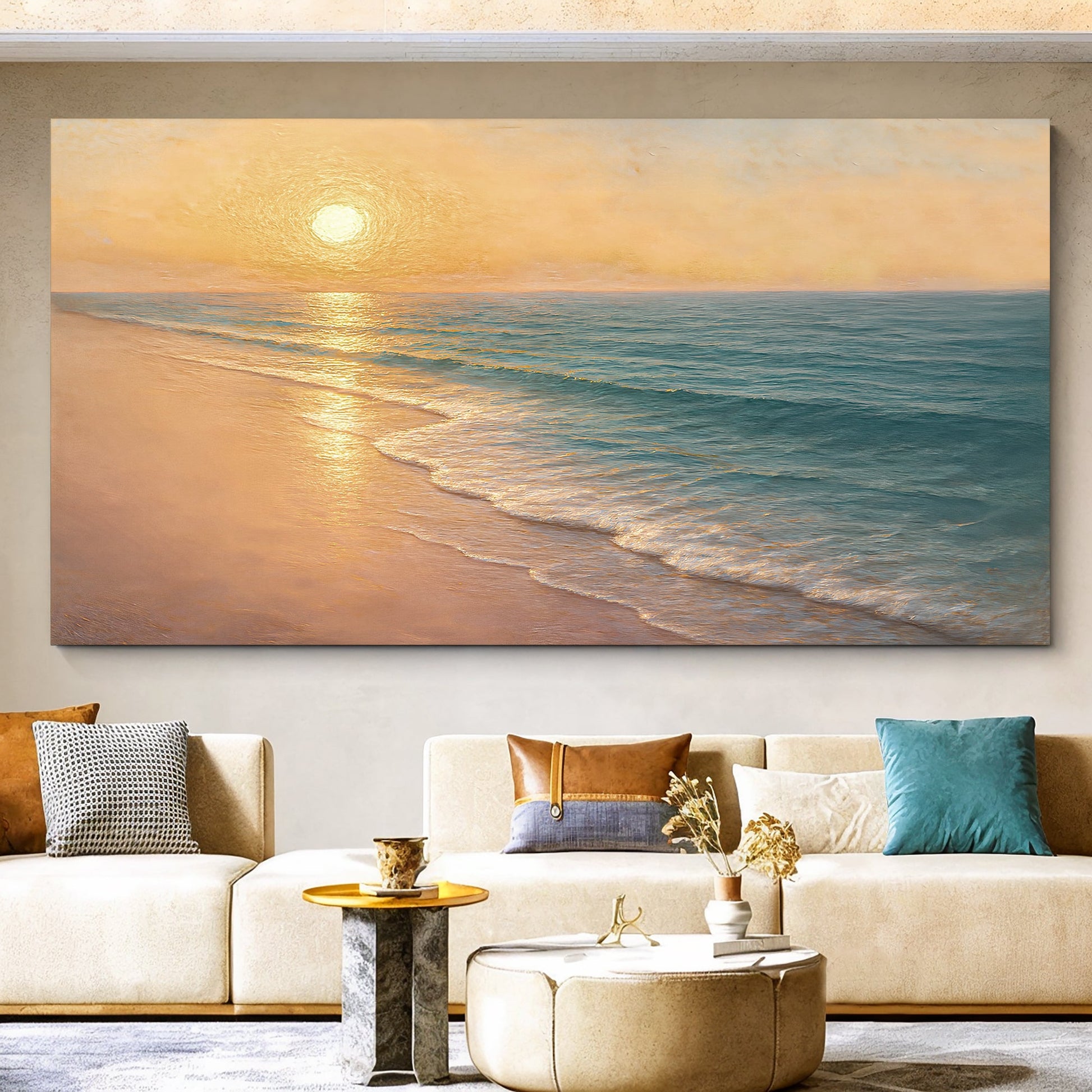 Coastal beach wall art with golden sunrise over calm ocean waves and sandy shoreline.