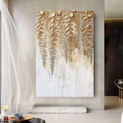 Gold wisteria textured leaf wall art panel on a white canvas, vertical rectangle.