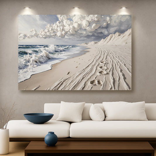 Sand beach wall art canvas with ocean waves and footprints