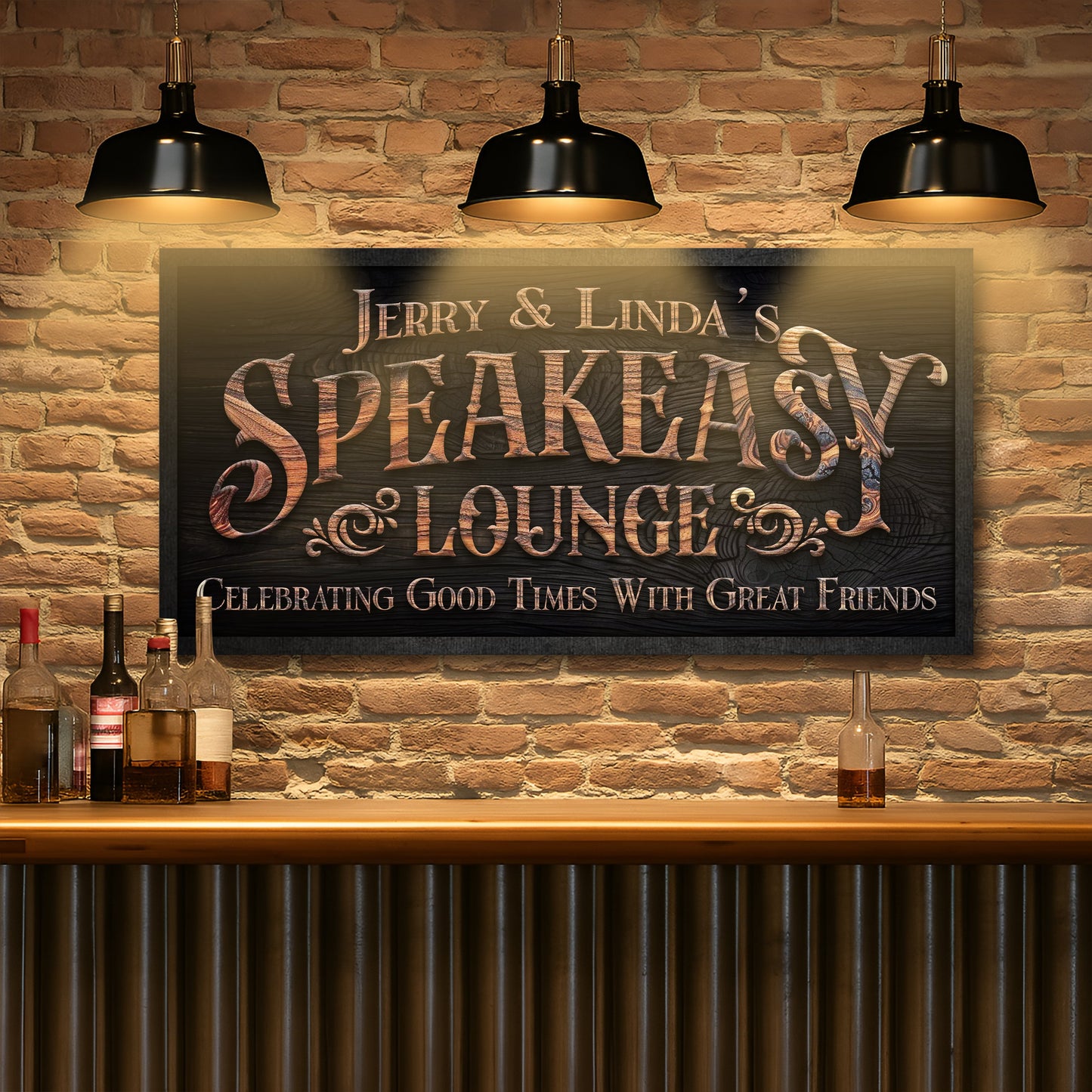 Framed speakeasy lounge wall sign with vintage “Speakeasy” lettering and banner text