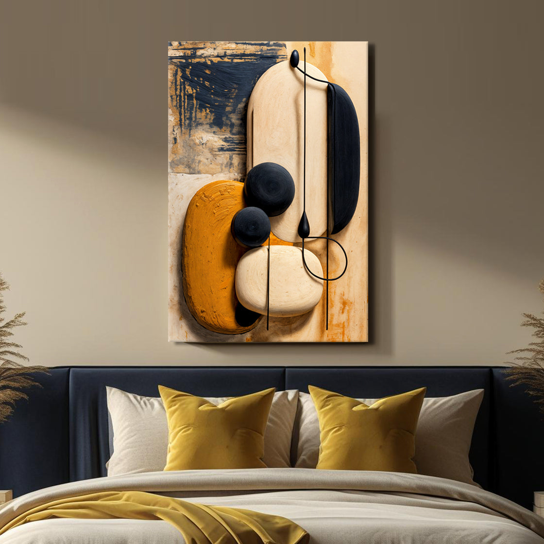 Abstract wall art canvas with cream ovals, orange accents, and dark blue hanging forms