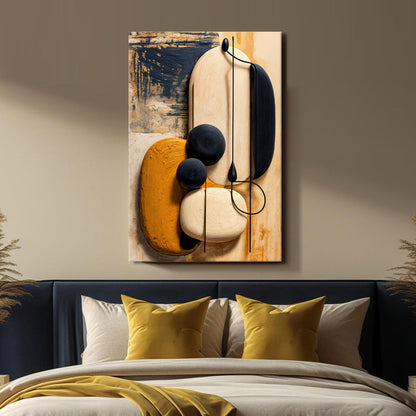 Abstract wall art canvas with cream ovals, orange accents, and dark blue hanging forms