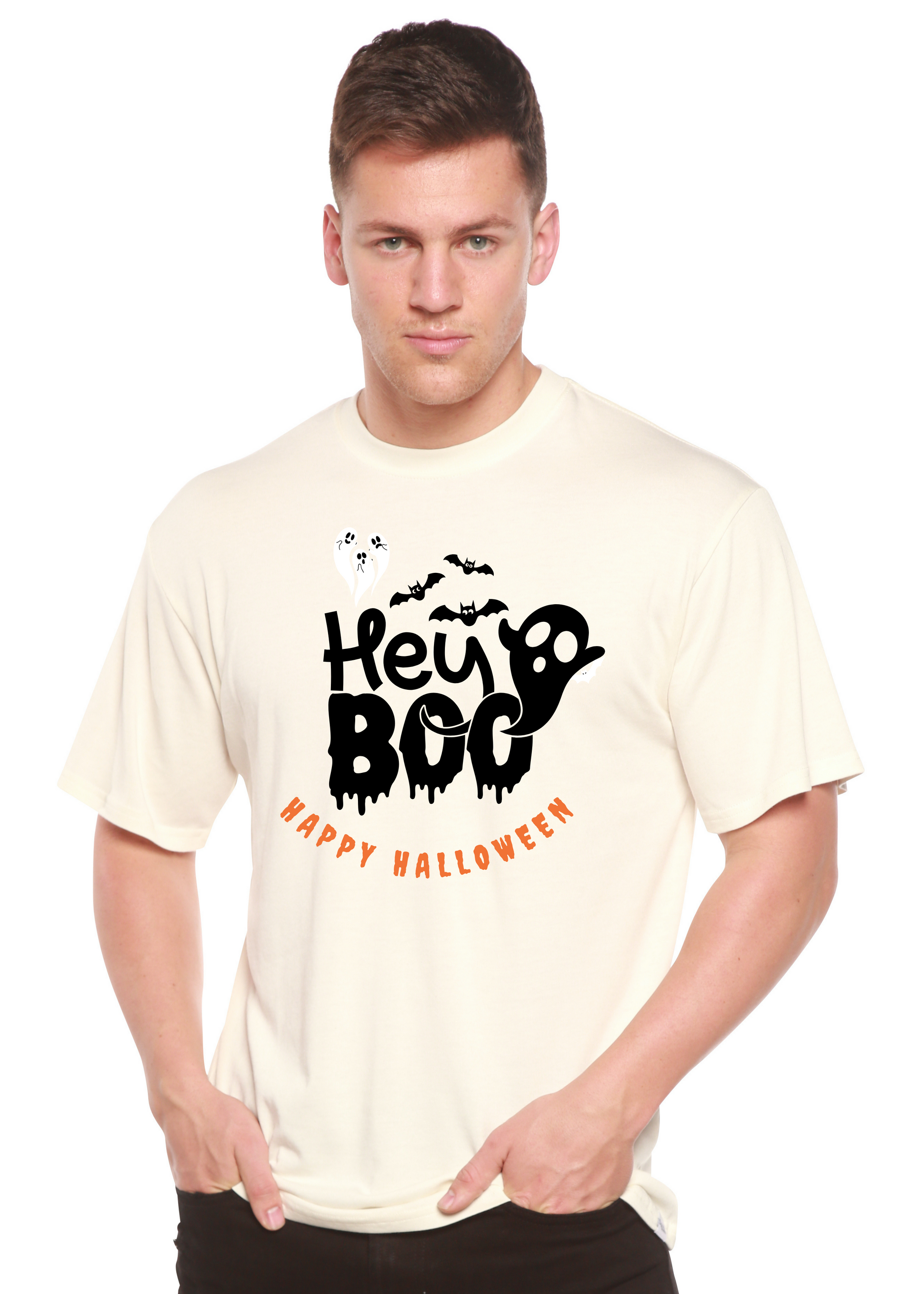 Men's off-white graphic T-shirt with 'Hey Boo' Halloween text and ghost/bat print