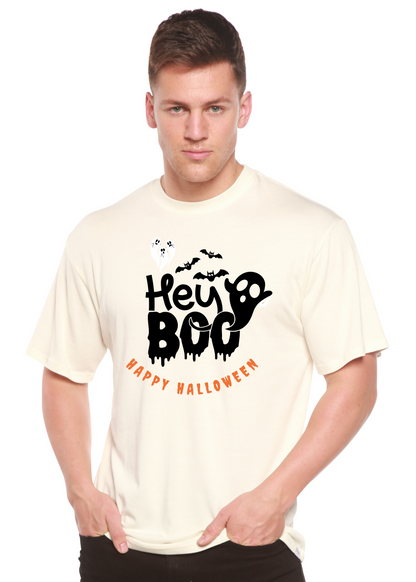 Men's off-white graphic T-shirt with 'Hey Boo' Halloween text and ghost/bat print
