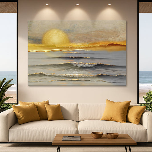 Ocean wall art canvas with glowing yellow sun and gold horizon over layered waves