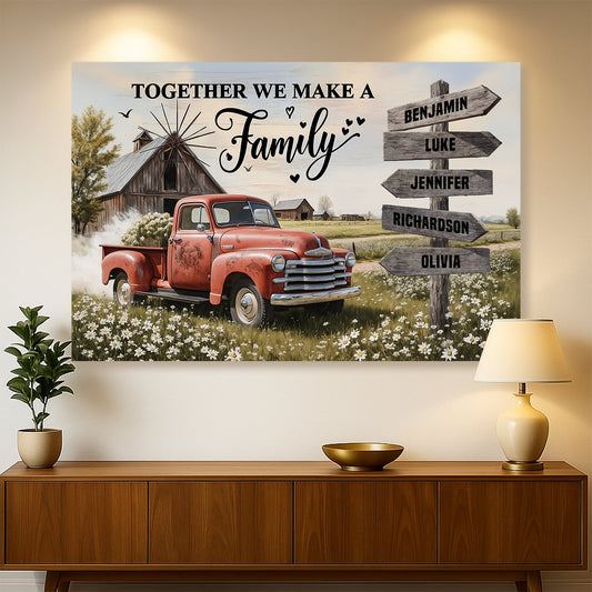 Personalized canvas wall art featuring a red vintage pickup truck and farmhouse family sign