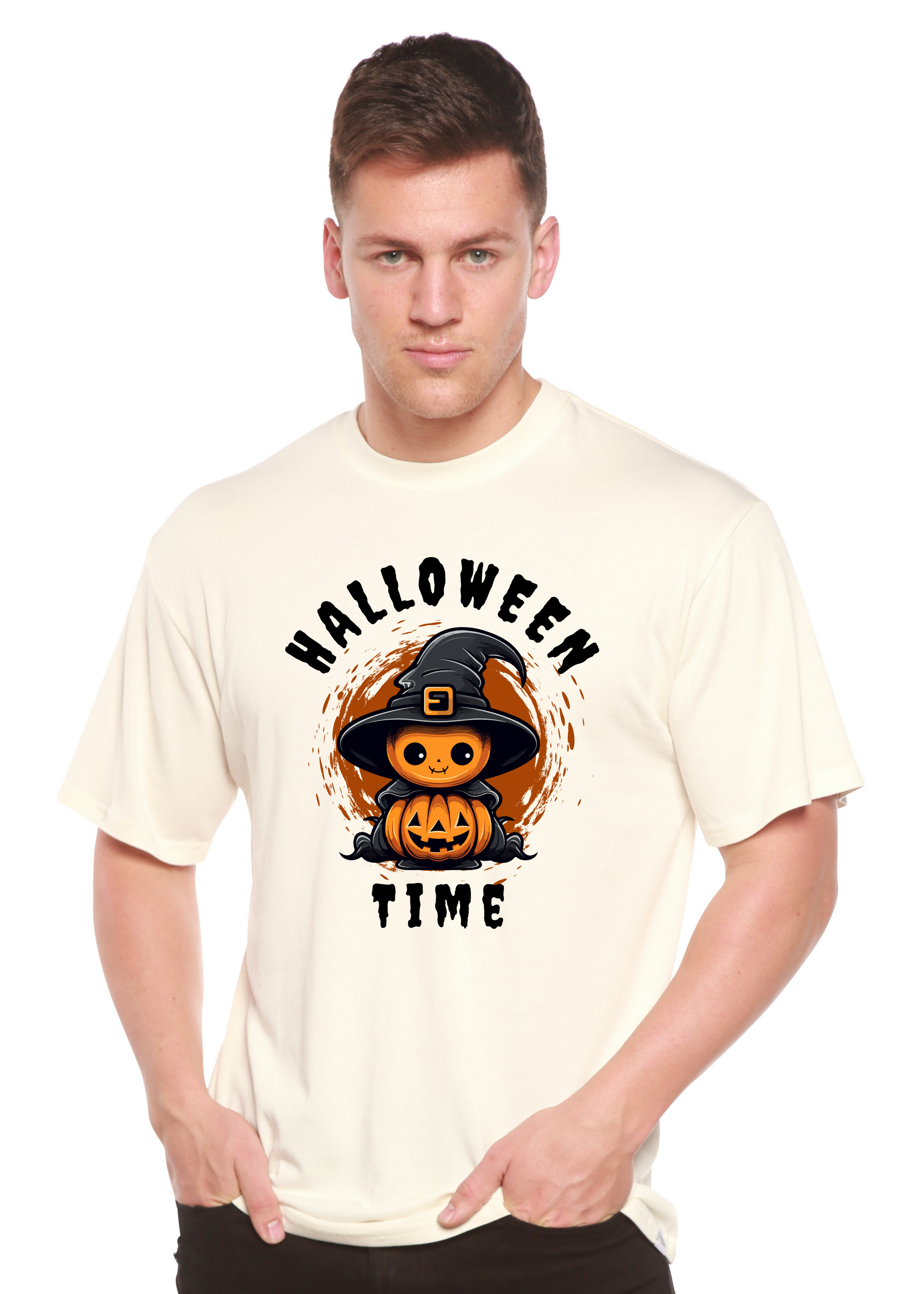 Unisex Halloween graphic T-shirt, crew neck; off-white short sleeve with witch-pumpkin front print