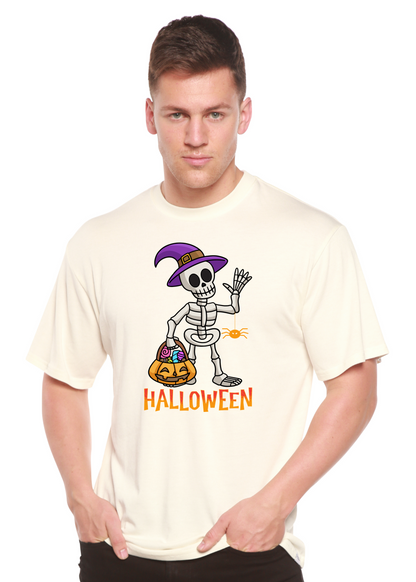 Off-white unisex crewneck T-shirt with short sleeves and Halloween skeleton graphic