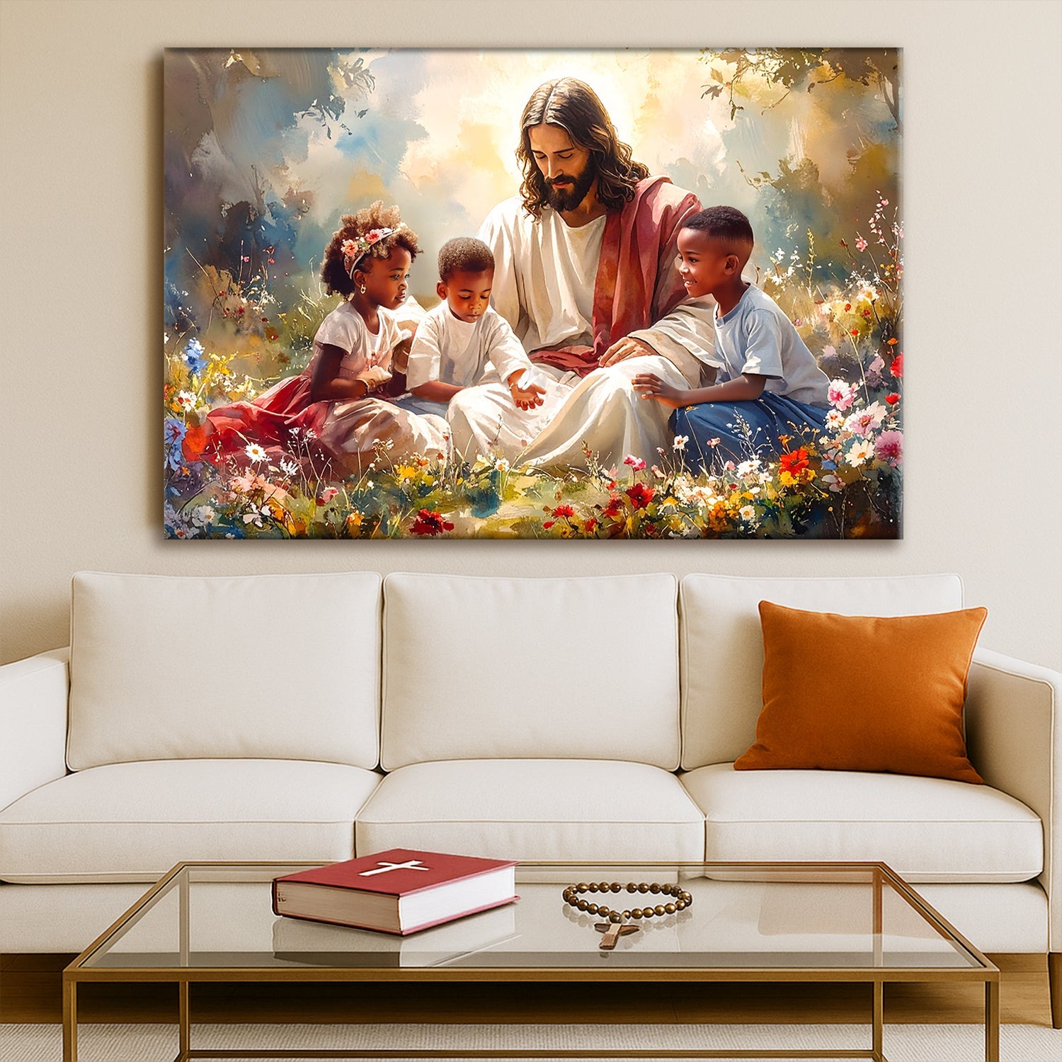 Framed canvas wall art showing Jesus with children in a spring flower scene