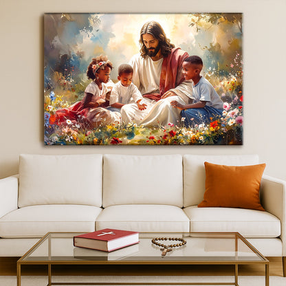 Framed canvas wall art showing Jesus with children in a spring flower scene