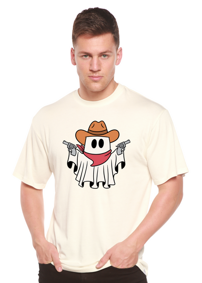 Men's off-white graphic T-shirt with cowboy ghost face and revolver print on front.