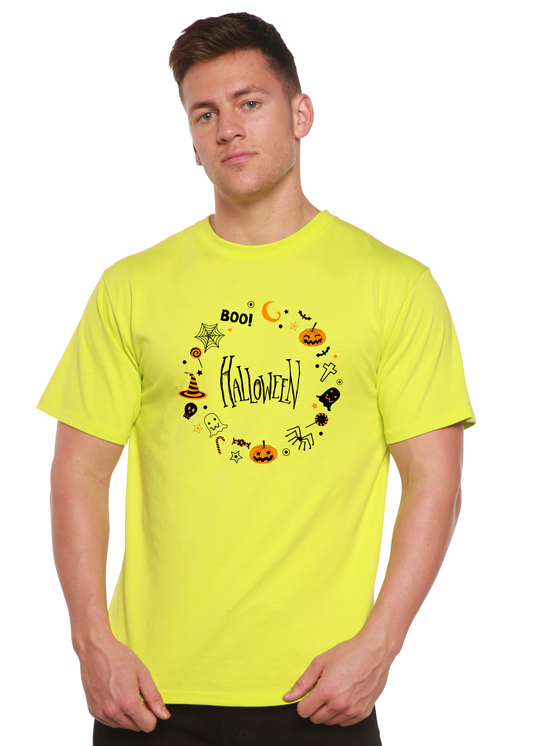 Men's neon yellow Halloween graphic t-shirt with circular pumpkin skeleton print