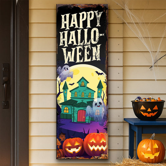 Halloween welcome sign canvas with Happy HalloWeen lettering, haunted house and pumpkins