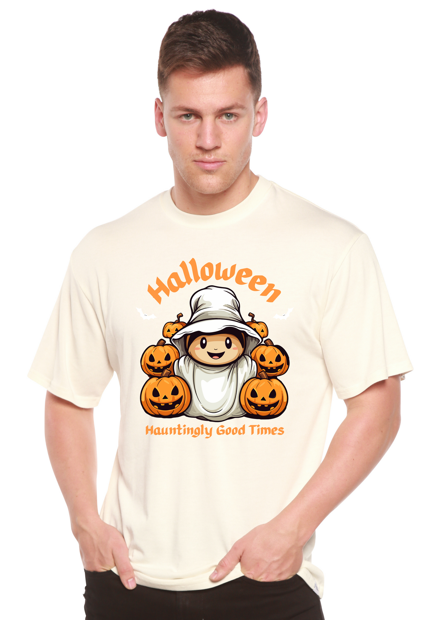 Men's off-white Halloween graphic short sleeve T-shirt with pumpkin and ghost illustration