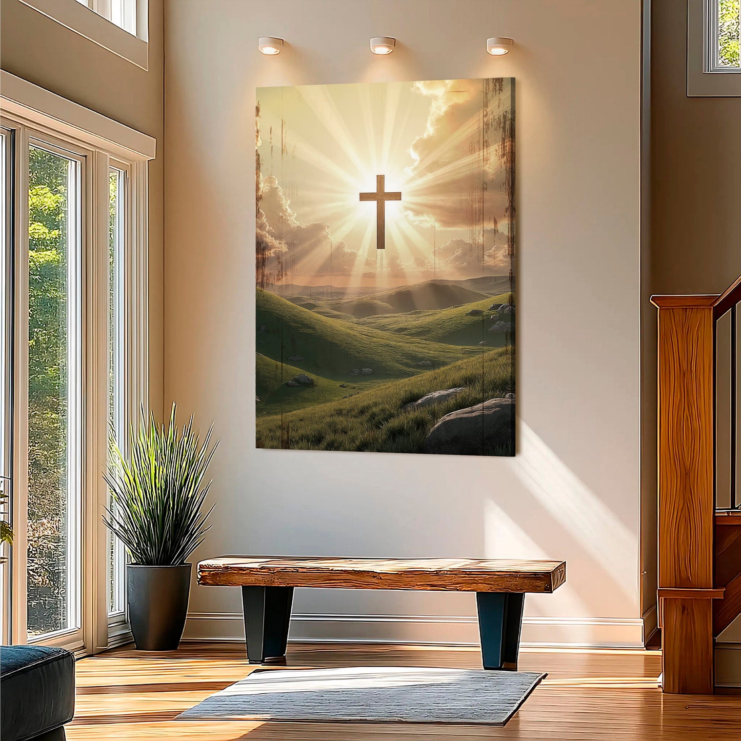 Amazing Grace wall sign canvas with a gold cross over a scenic landscape