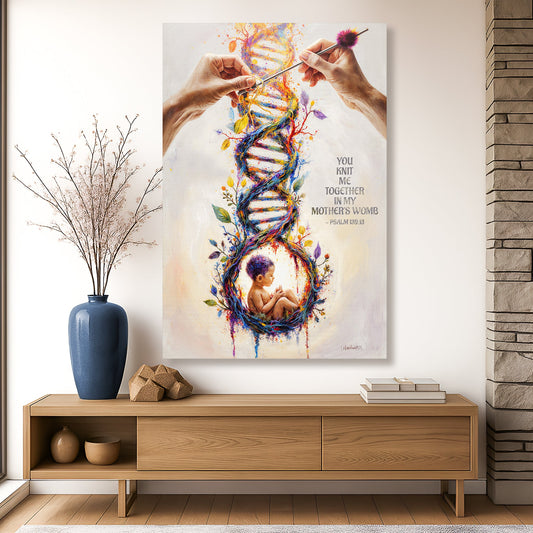 Psalm 139 knit-themed wall art canvas with multicolor DNA and baby yarn wreath