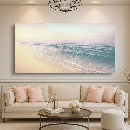 Coastal beach wall art canvas with sandy shore and turquoise ocean waves