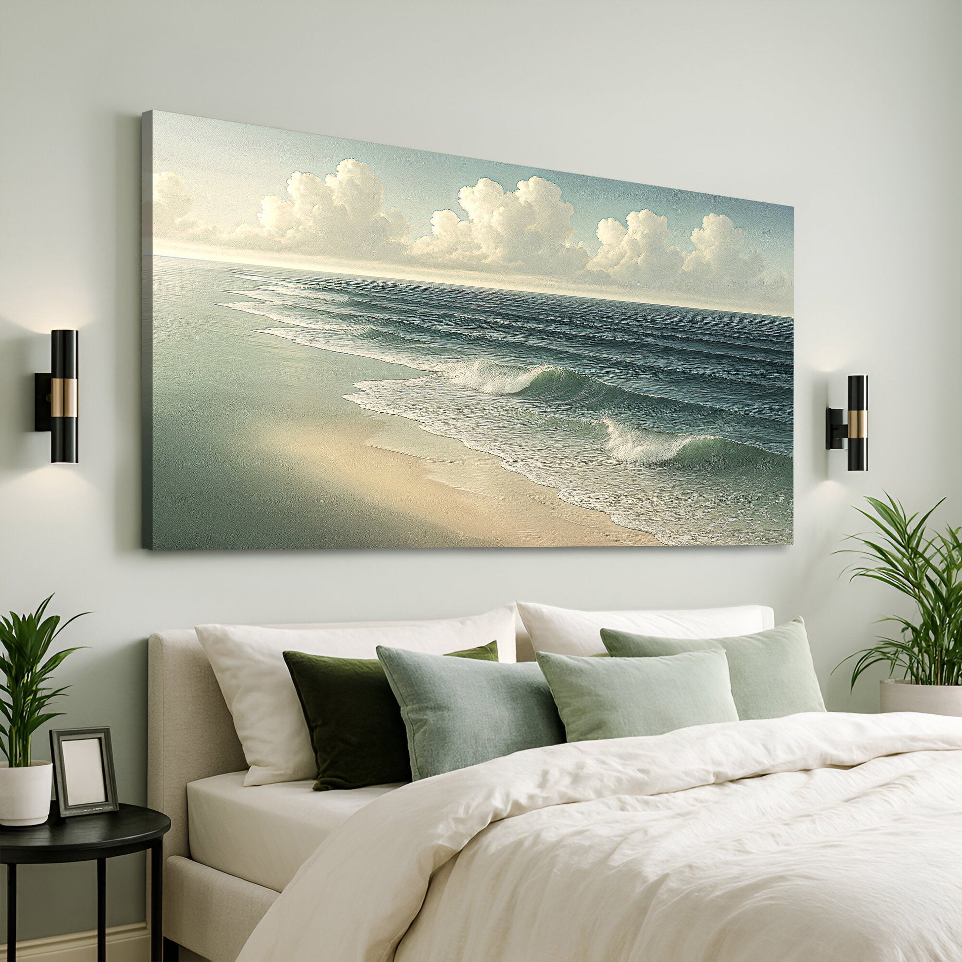 Beach shoreline canvas wall art with ocean waves, sandy shore, and cloudy sky