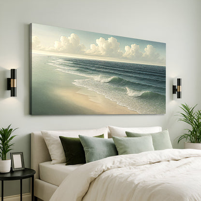 Beach shoreline canvas wall art with ocean waves, sandy shore, and cloudy sky