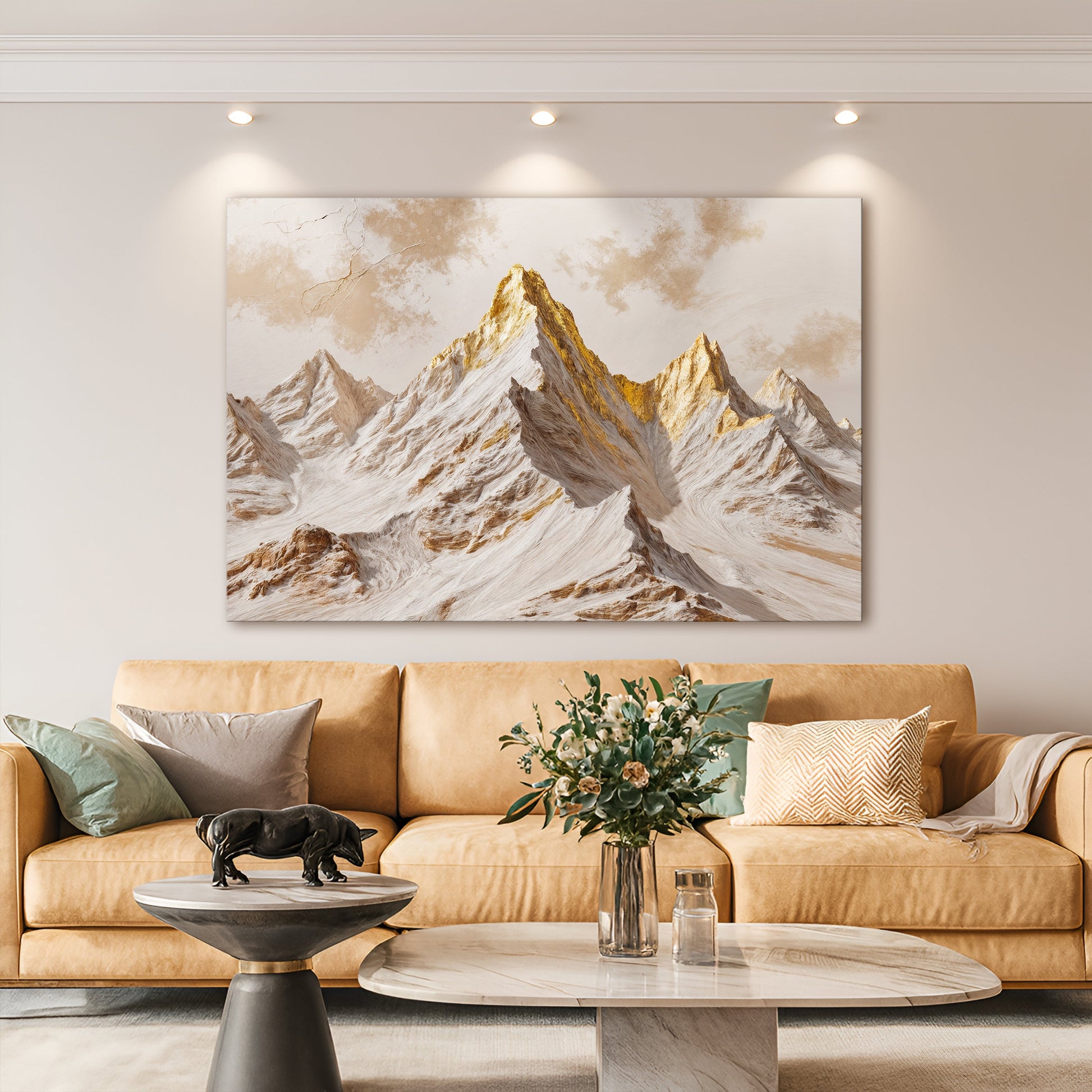 Mountain peaks canvas wall art with gold-toned peaks and snowy ridgelines