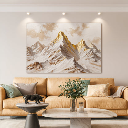Mountain peaks canvas wall art with gold-toned peaks and snowy ridgelines