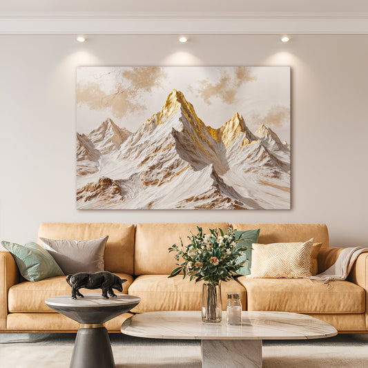 Mountain peaks canvas wall art with gold-toned peaks and snowy ridgelines