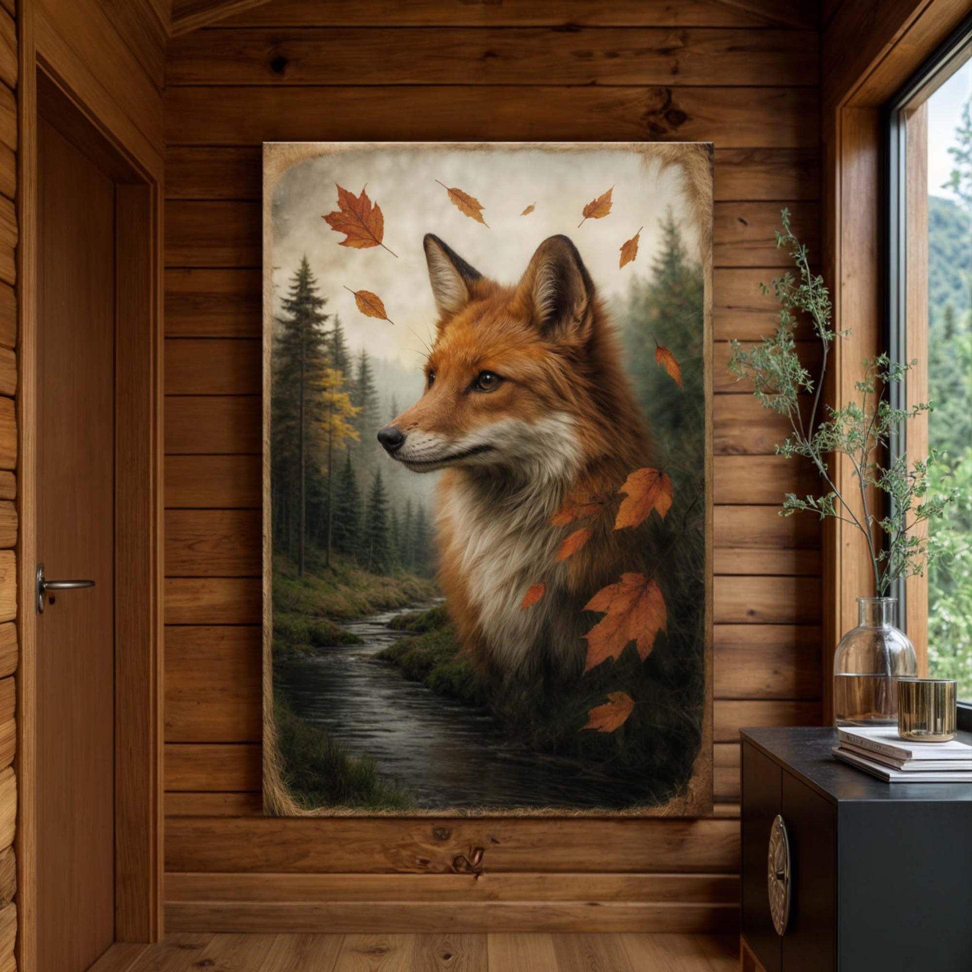 Autumn Fox double exposure canvas wall art with orange fox, forest trees, and falling leaves