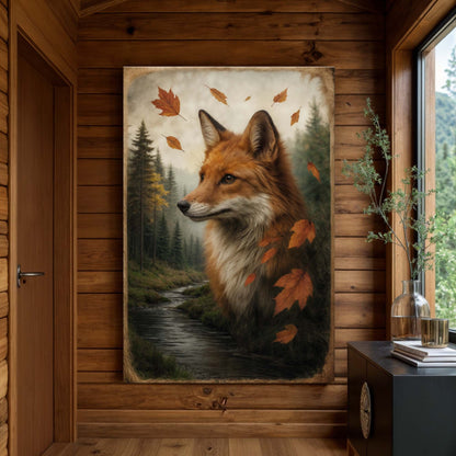 Autumn Fox double exposure canvas wall art with orange fox, forest trees, and falling leaves