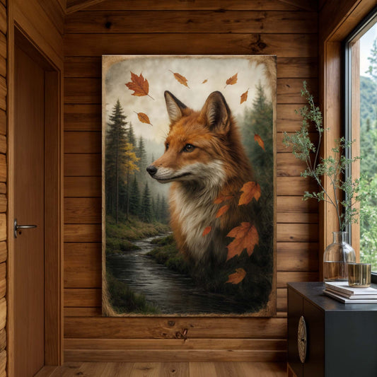 Autumn Fox double exposure canvas wall art with orange fox, forest trees, and falling leaves