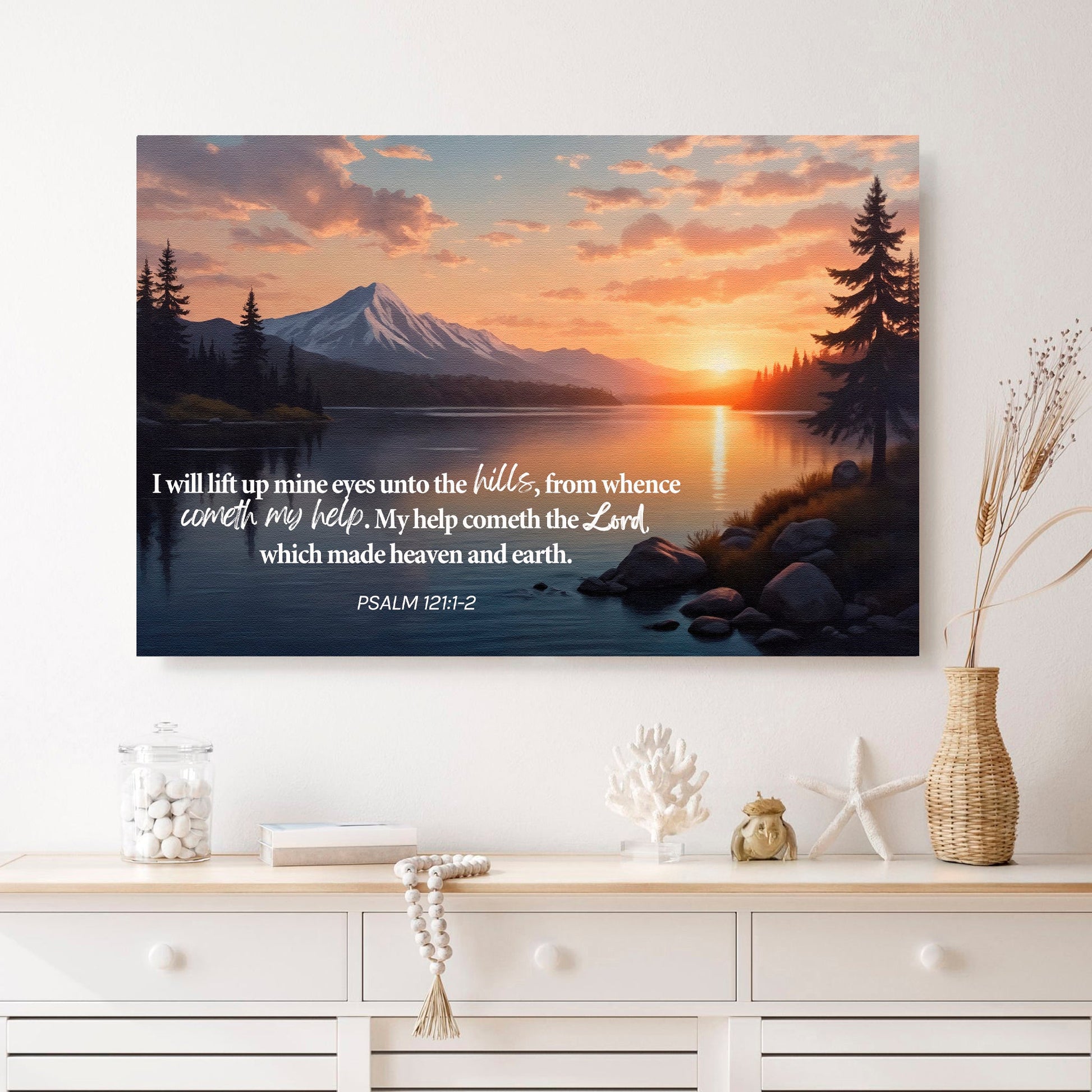 Faith wall canvas with mountain lake sunrise print and Psalm 121:1-2 quote