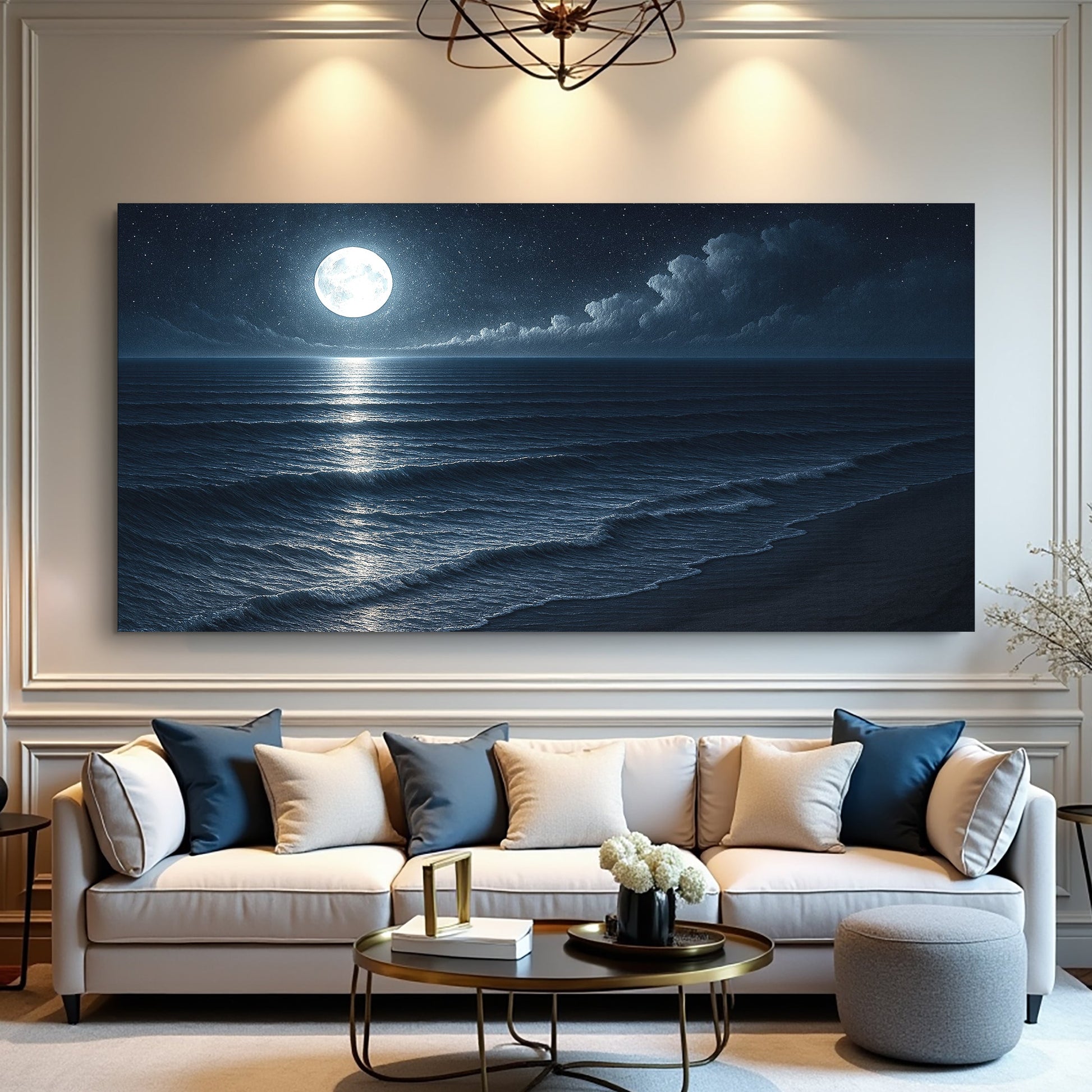 Coastal seascape canvas wall art with bright moon over dark ocean waves