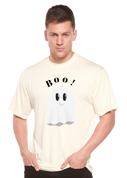 Men's off-white graphic T-shirt with “BOO!” text and white ghost print