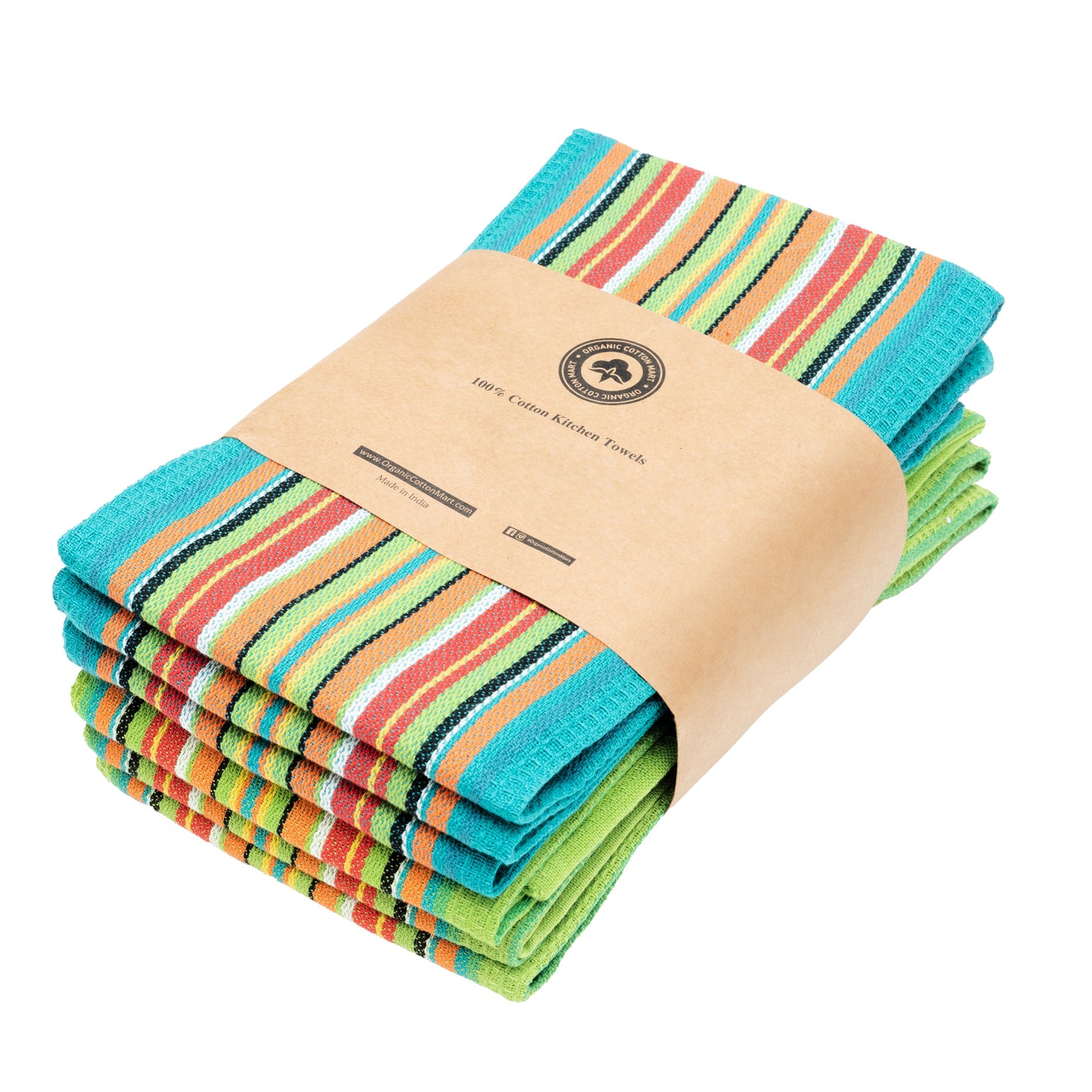 Striped kitchen towel set bundle, blue-and-green rainbow stripes with red and white