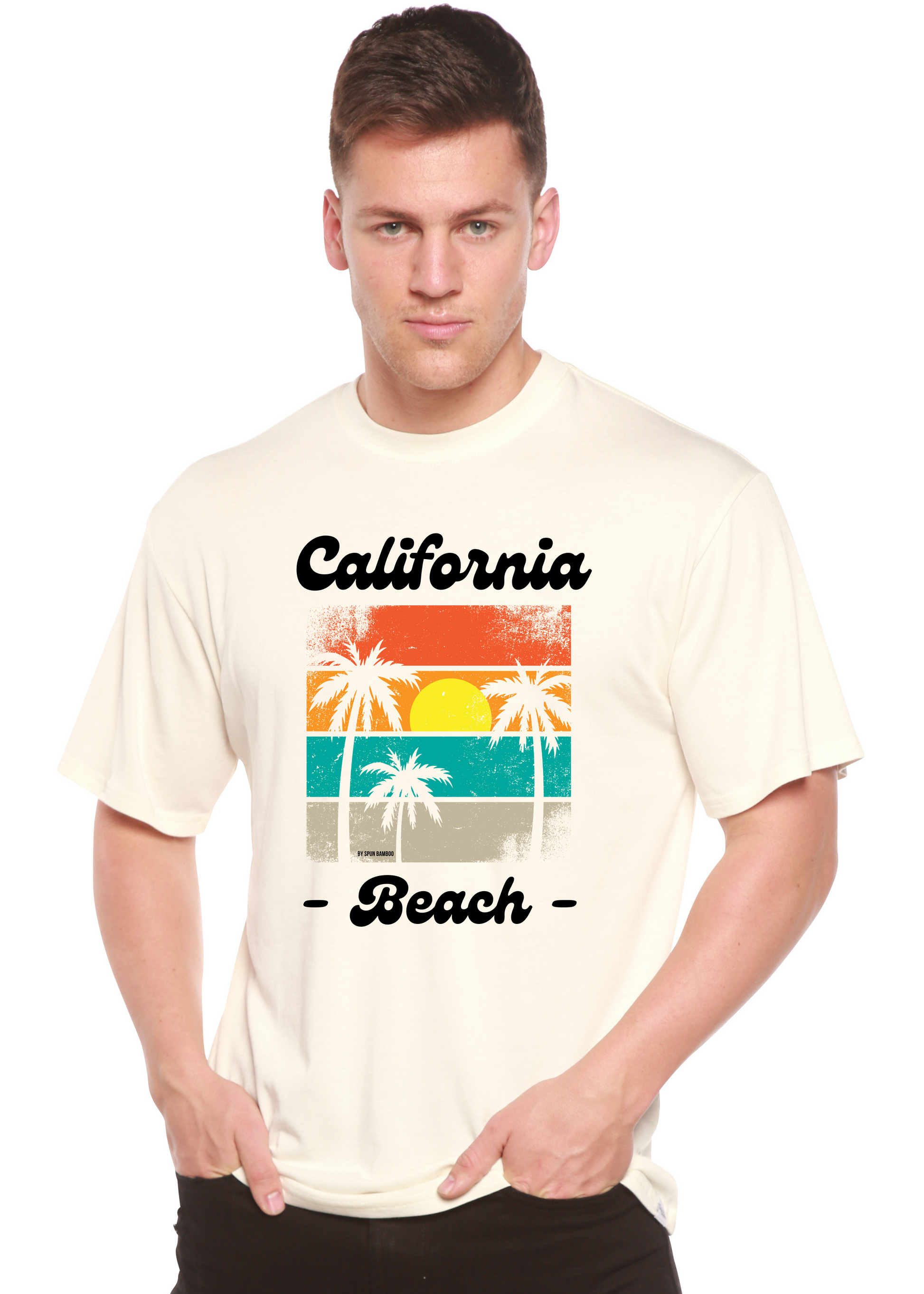 Unisex graphic T-shirt, off-white with 'California Beach' palm print