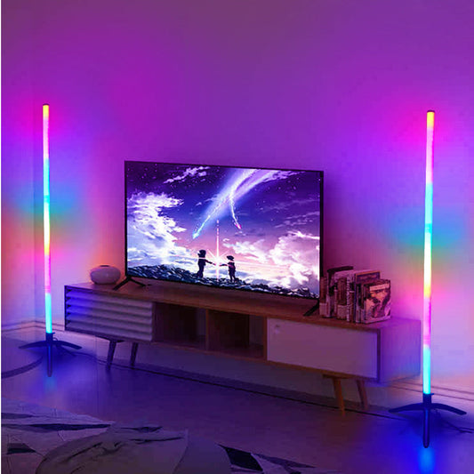 Color-changing floor LED lamp with slim vertical light bars and tripod base