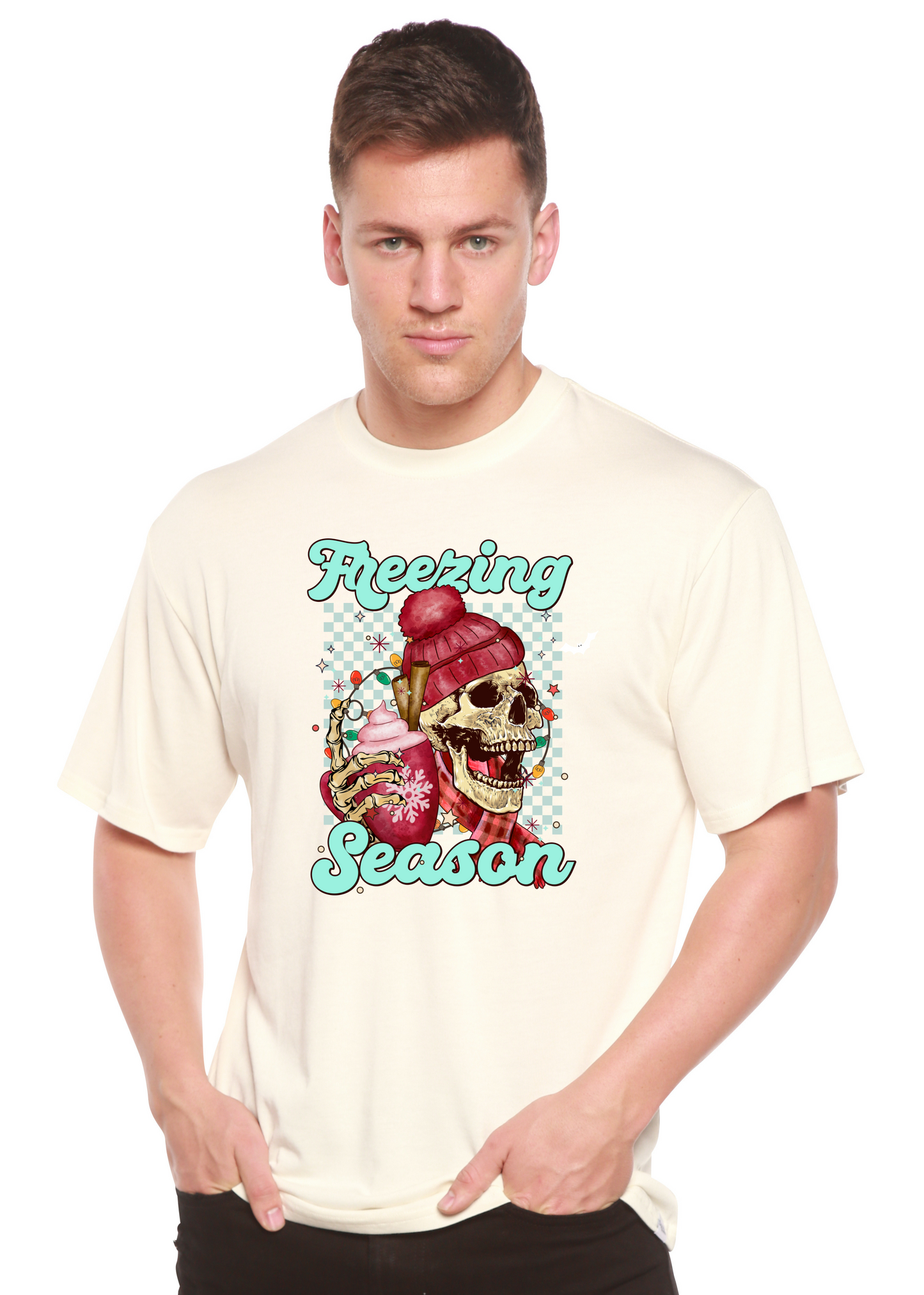 Off-white short sleeve T-shirt with “Freezing Season” skull graphic in center.