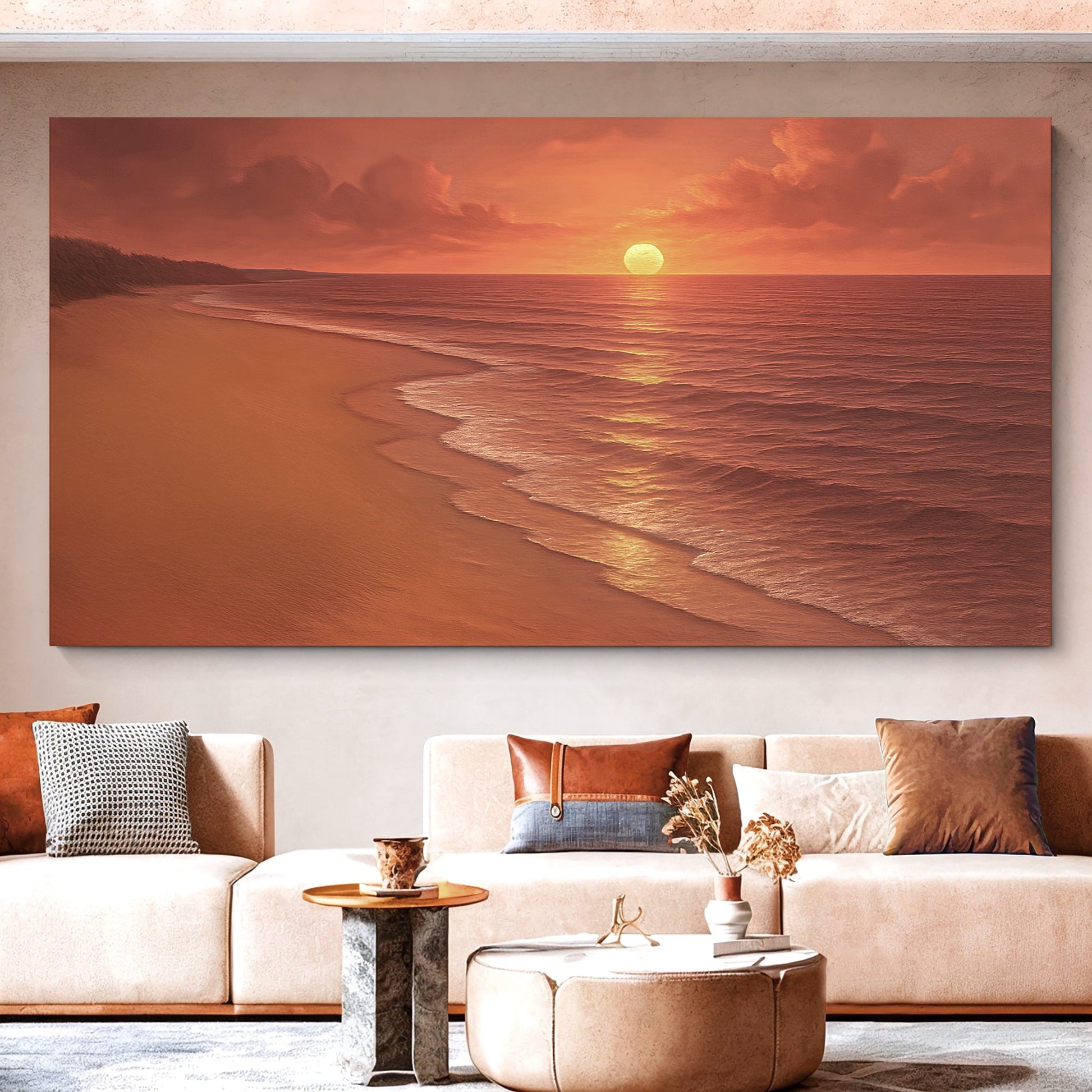Beach shoreline wall art canvas with warm sunset sky, ocean waves, and sandy beach.
