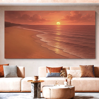 Beach shoreline wall art canvas with warm sunset sky, ocean waves, and sandy beach.