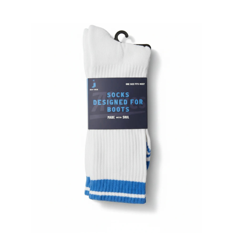 White boot socks with blue-striped cuff and blue heel accents, hanging
