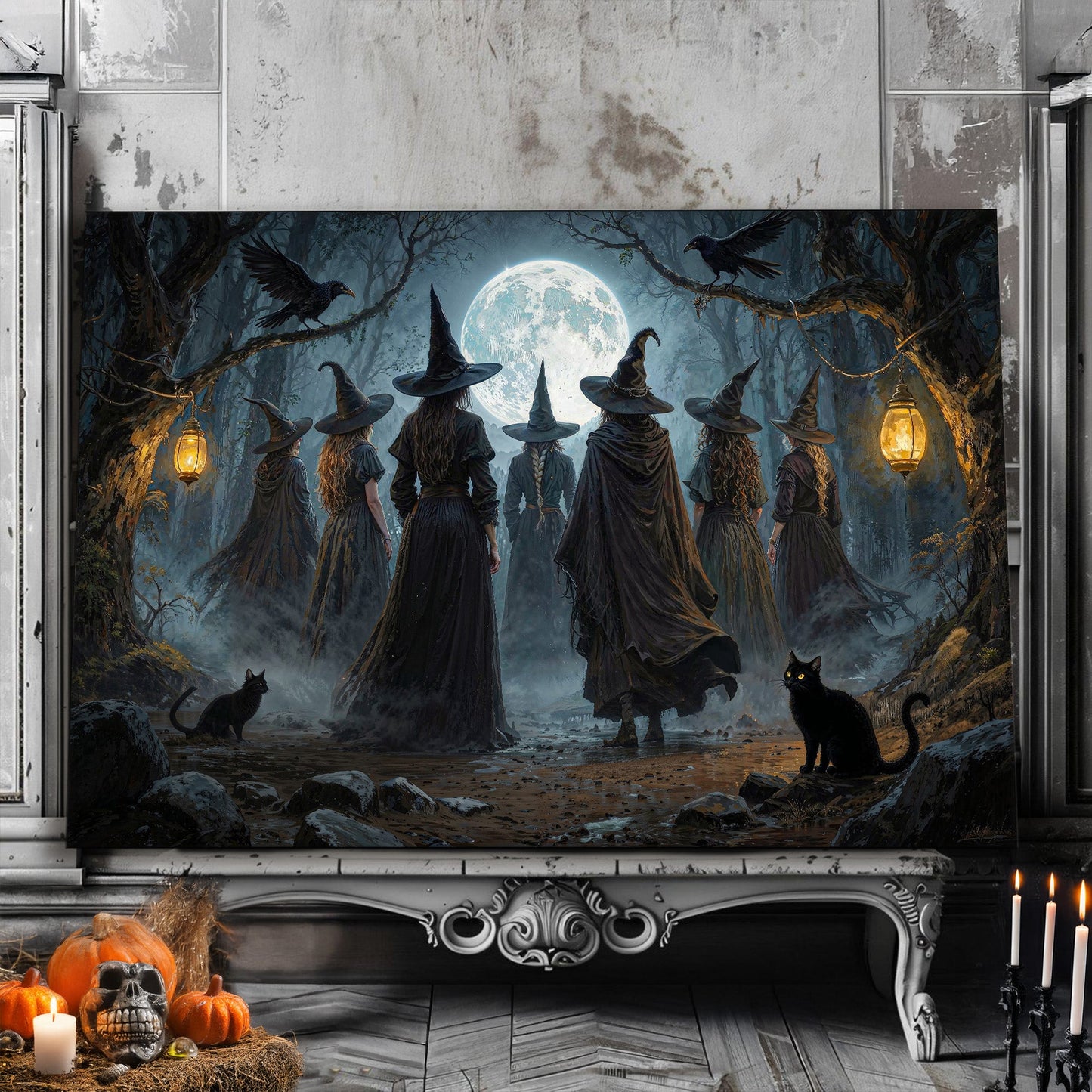 Halloween witch wall art canvas with moon, silhouetted witches in mist and a black cat.