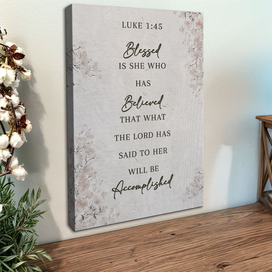 Framed wall art canvas with floral background and the Luke 1:45 quote in script