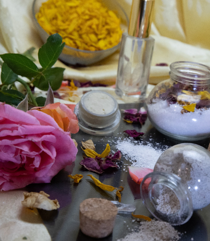 Pampering Positive Package gift set with sprayer bottle, jars, and glitter bath salts