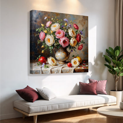 Floral vase wall art featuring pink, white and red flowers in a bronze urn on stones